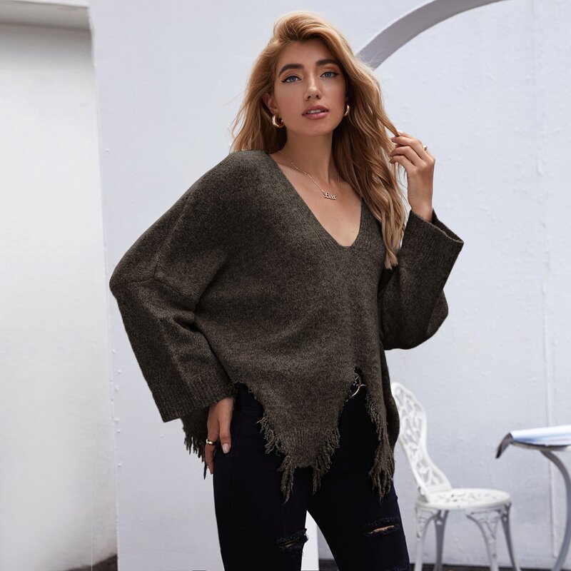 

Drop Shoulder Distressed Hem Sweater, Chocolate brown