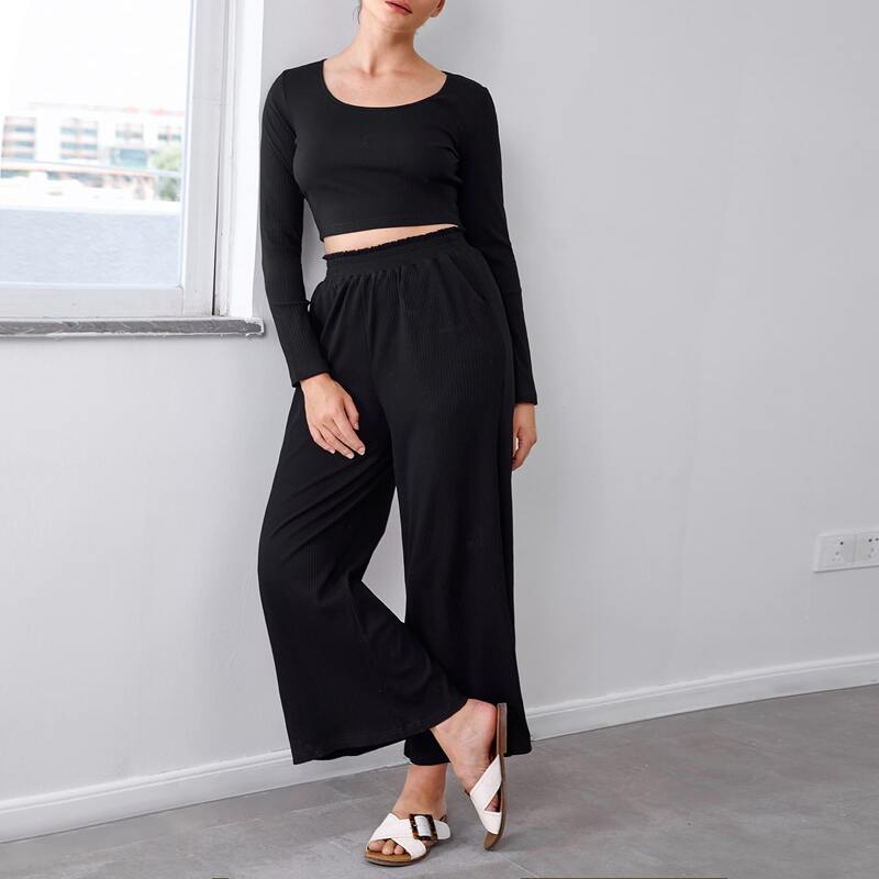 

Scoop Neck Rib-knit Top & Wide Leg Pants Set, Black