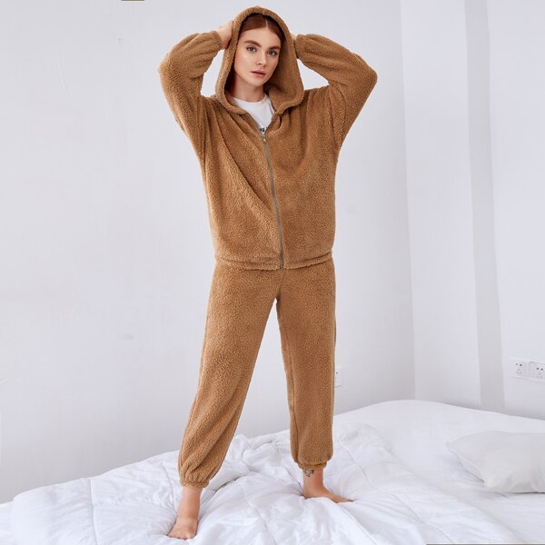 

Zip Up Teddy Hoodie & Pants Set, Brown