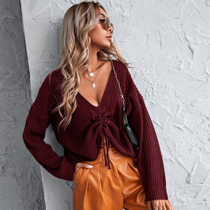 

Drop Shoulder Drawstring Ruched Sweater, Maroon