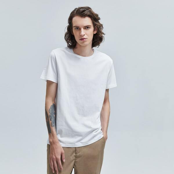 

Men Round Neck Cuff Patched Tee, White