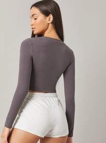 SHEIN BASICS Cotton V-Neck Crop Top - Dark Grey - View 2