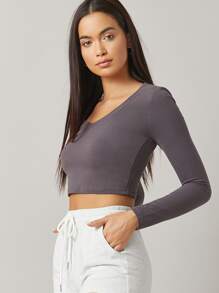 SHEIN BASICS Cotton V-Neck Crop Top - Dark Grey - View 3
