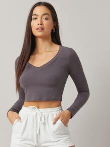 SHEIN BASICS Cotton V-Neck Crop Top - Dark Grey - View 4