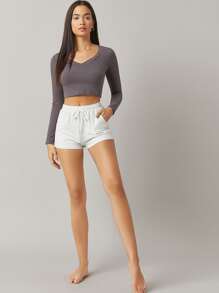 SHEIN BASICS Cotton V-Neck Crop Top - Dark Grey - View 5