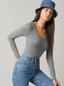 SHEIN BASICS Áo phông trơn Bông Cổ chữ V Phù hợp - Xám - Xem 1