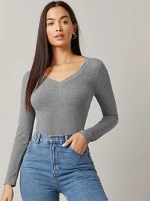 SHEIN BASICS Áo phông trơn Bông Cổ chữ V Phù hợp - Xám - Xem 3