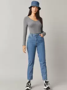 SHEIN BASICS Áo phông trơn Bông Cổ chữ V Phù hợp - Xám - Xem 5