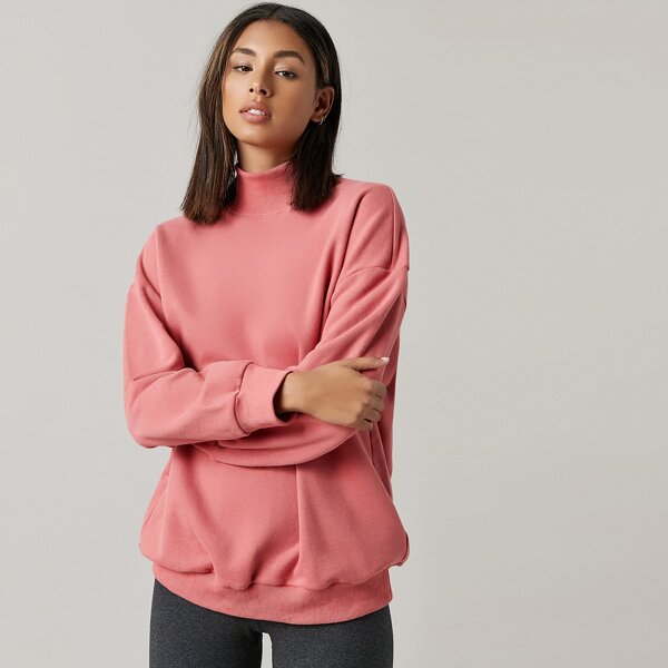 

High Neck Drop Shoulder Solid Pullover, Coral pink