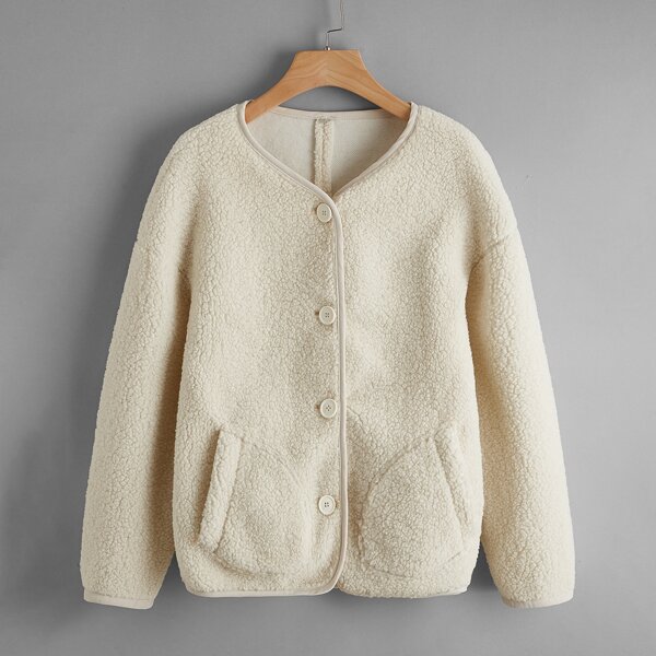 

Teddy Drop Shoulder Slant Pockets Coat, Beige