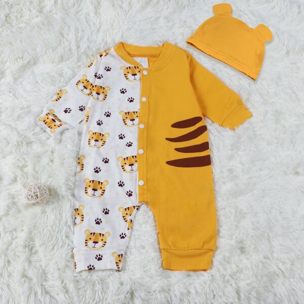 

Baby Unisex Cartoon Tiger Print Jumpsuit & Hat, Multicolor