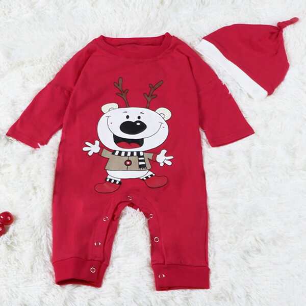 

Baby Unisex Christmas Cartoon Graphic Jumpsuit & Hat, Red