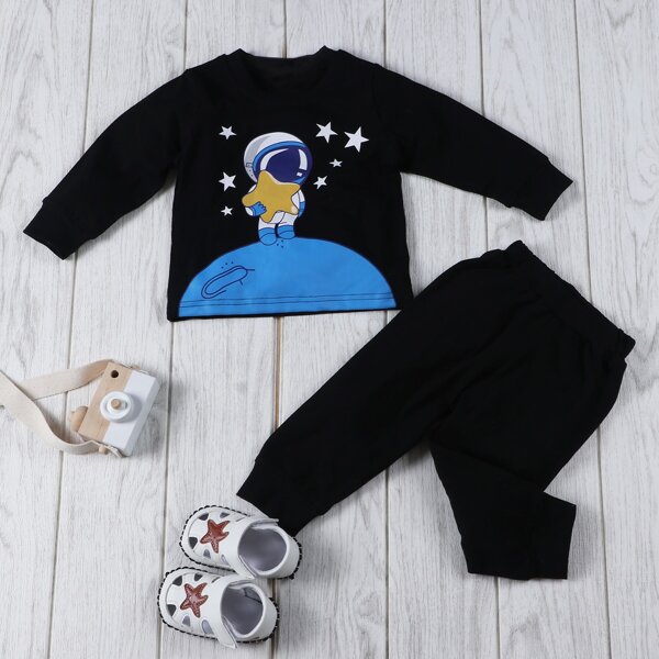 

Baby Boy Cartoon Graphic Sweatshirt With Joggers, Black