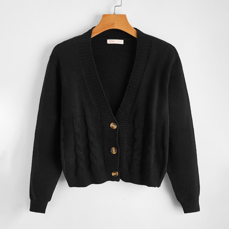 

Solid Cable Knit Button Front Cardigan, Black