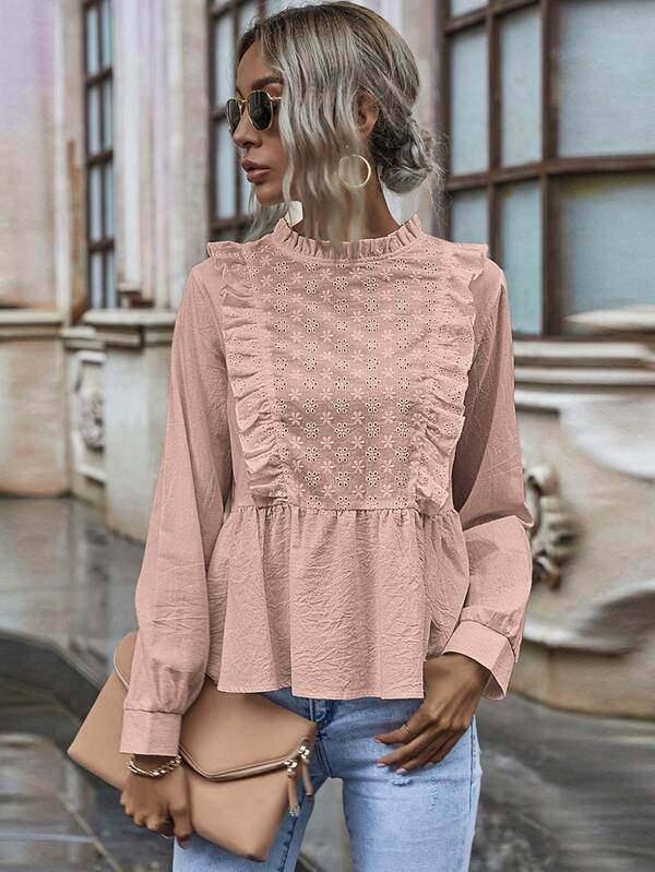 Camisa ajustada bajo fruncido con bordado con ojal | Mode de Camisa ajustada bajo fruncido con bordado con ojal | Mode de