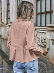 網眼刺繡荷葉邊下擺娃娃襯衫 - 淺粉色 - 查看 2