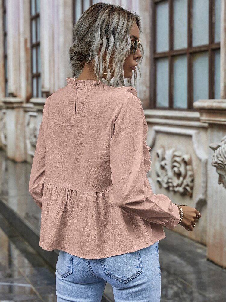 Eyelet Embroidery Ruffle Hem Babydoll Blouse - Baby Pink - View 2