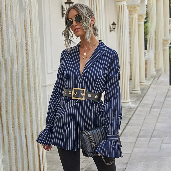 

Striped Lapel Neck Flounce Sleeve Coat Without Belt, Navy blue