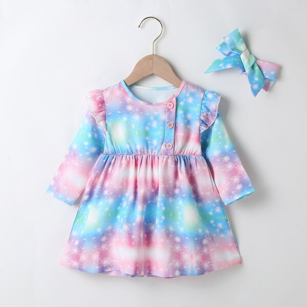 

Baby Girl Galaxy And Tie Dye Print Dress With Headband, Multicolor