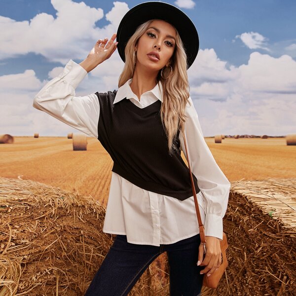 

2 In 1 Drop Shoulder Blouse, Black and white
