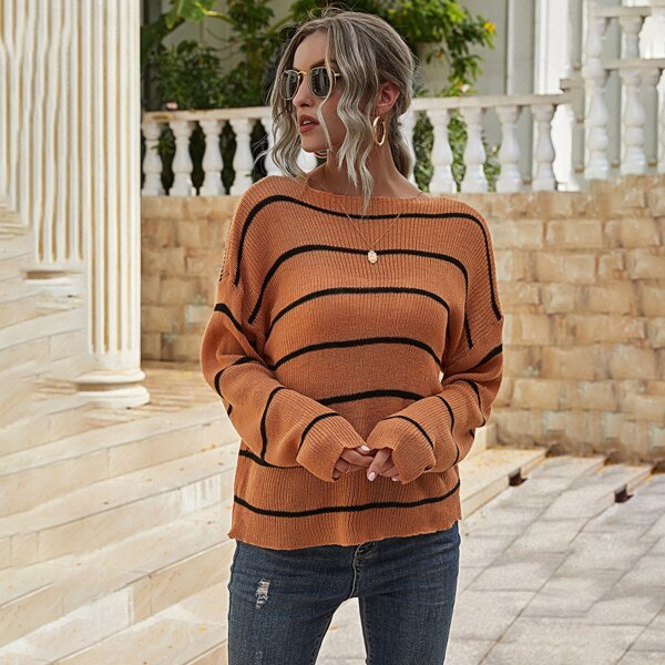

Striped Drop Shoulder Sweater, Burnt orange