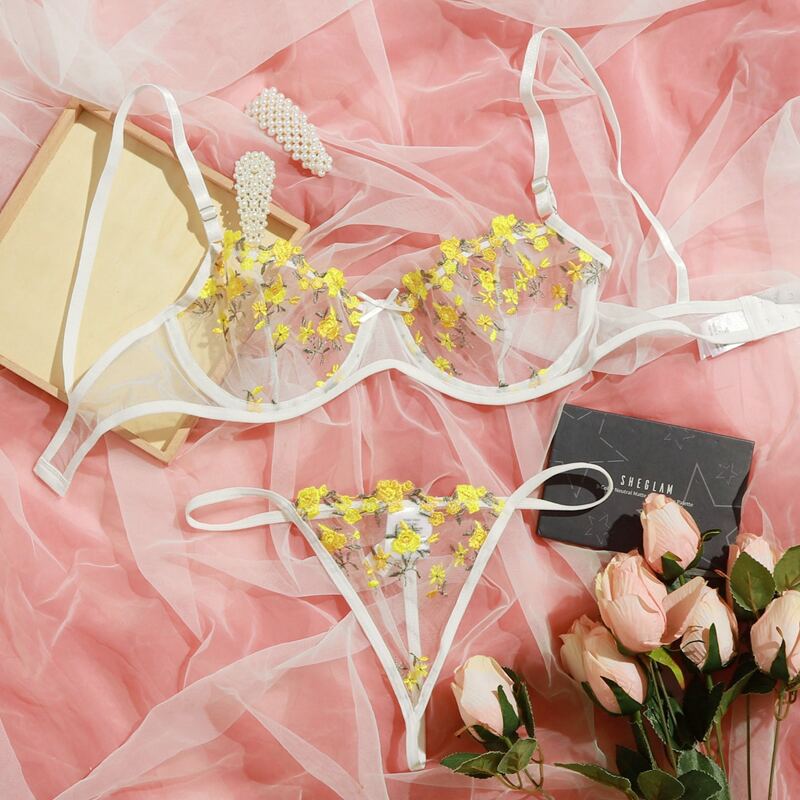 

Floral Embroidered Mesh Underwire Lingerie Set, Yellow