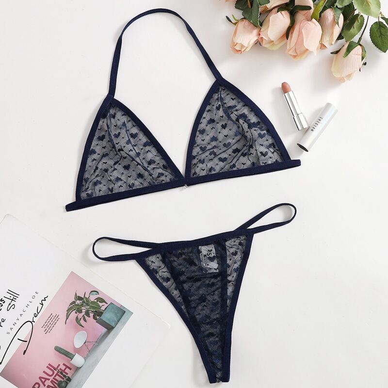 

Heart Pattern Mesh Halter Lingerie Set, Navy blue