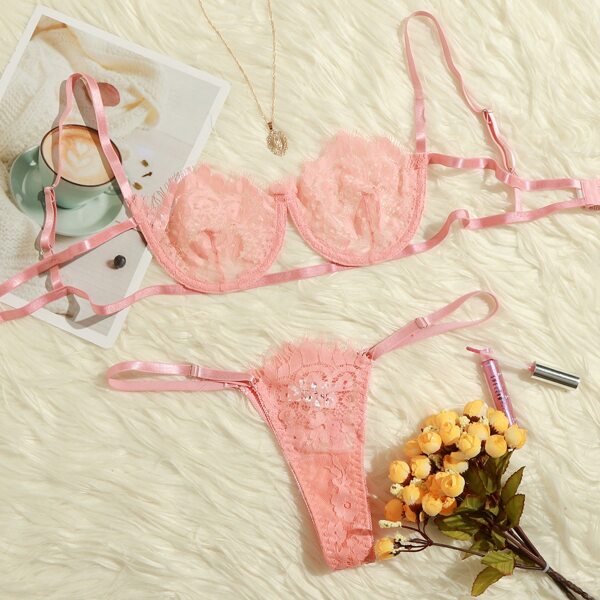 

Floral Lace Underwire Lingerie Set, Pink