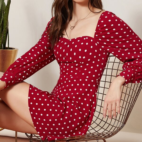 

Sweetheart Neck Buttoned Front Polka Dot Dress, Red