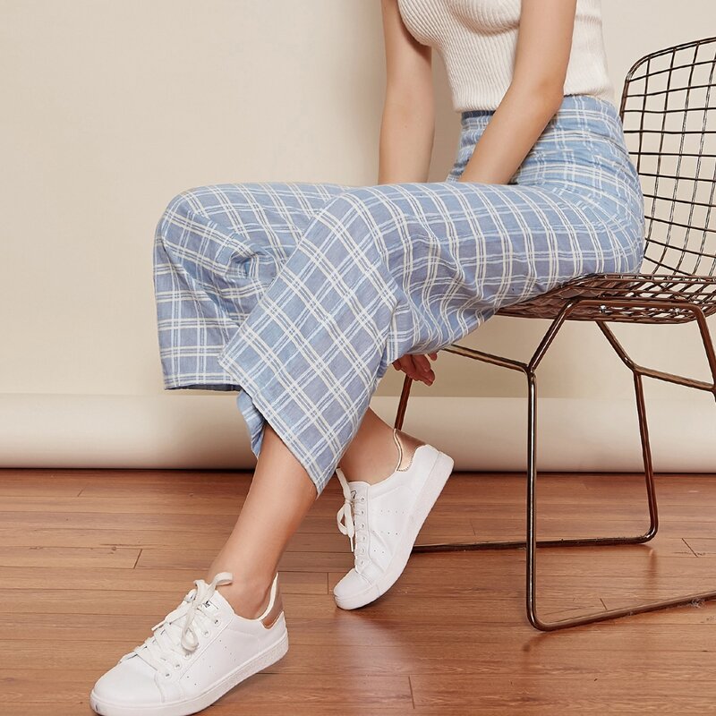 

Wide Leg Plaid Pants, Blue and white