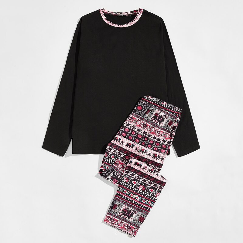 

Guys Contrast Neck Top & Mixed Print Pants PJ Set, Multicolor