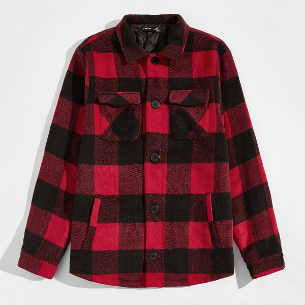 

Men Collared Buttoned Front Pocket Patched Buffalo Plaid Coat, Multicolor