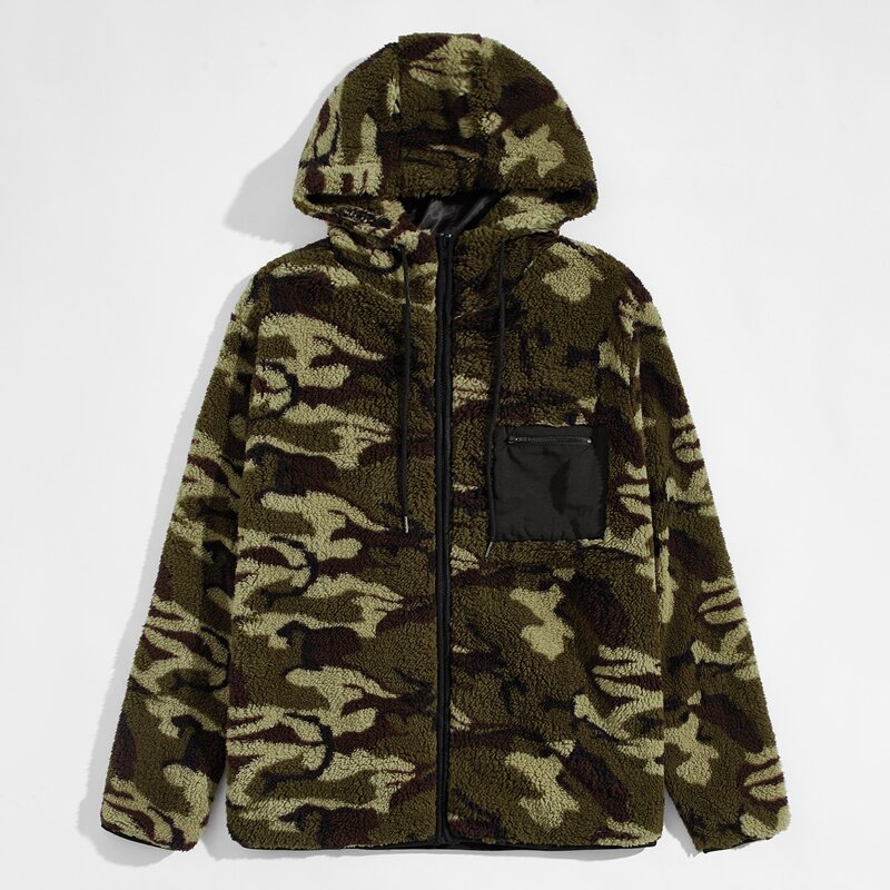 

Guys Zip Up Zip Pocket Front Camo Teddy Hooded Jacket, Multicolor