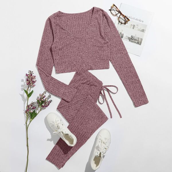 

Rib-knit Top & Knot Waist Leggings Set, Burgundy