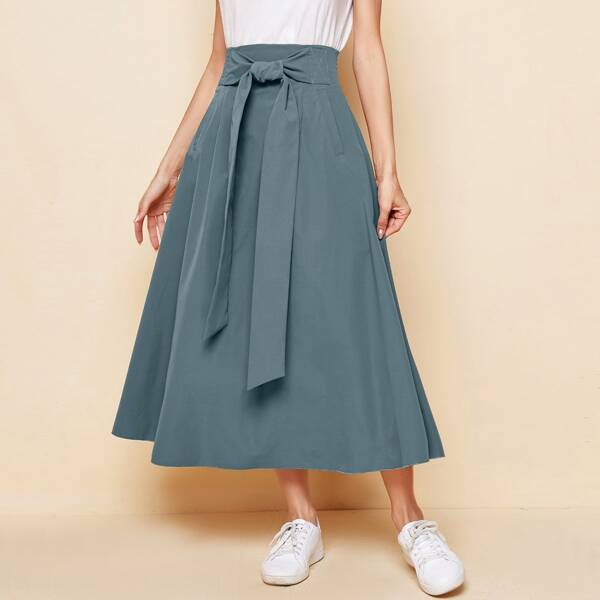 

Tie Front Solid Skirt, Dusty blue