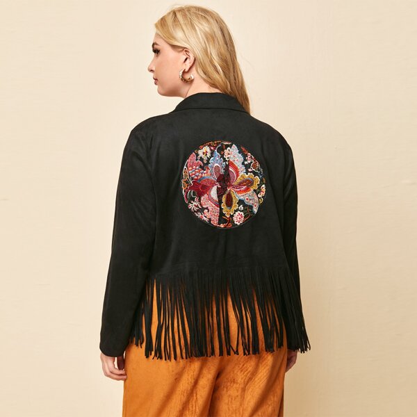 

Plus Embroidered Mesh Patched Fringe Hem Jacket, Black
