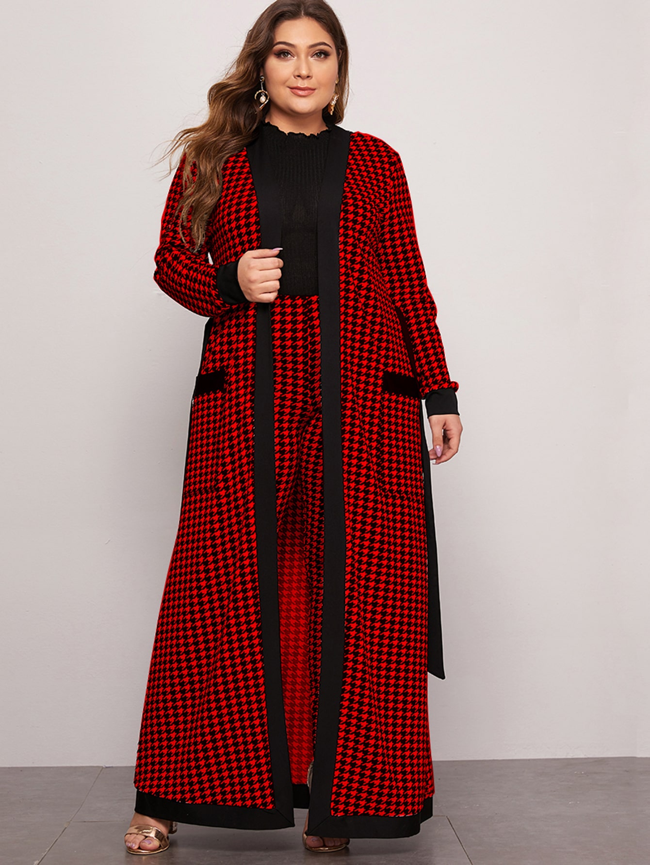 Plus Pocket Patched Belted Houndstooth Coat & Leggings Set thumbnail