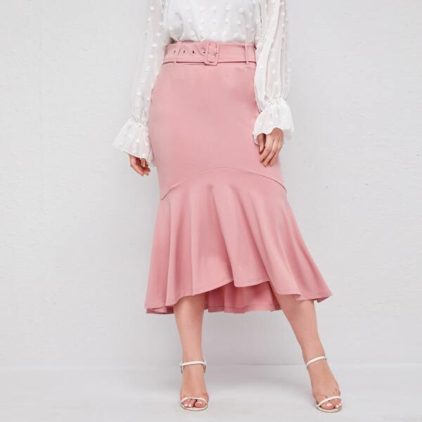 

Plus Self Belted Fishtail Hem Skirt, Baby pink