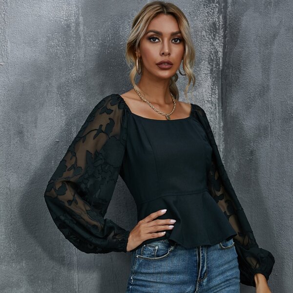 

Contrast Sleeve Ruffle Hem Top, Black