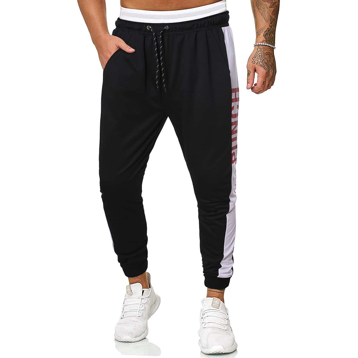 

Guys Contrast Tape Letter Graphic Pants, Black