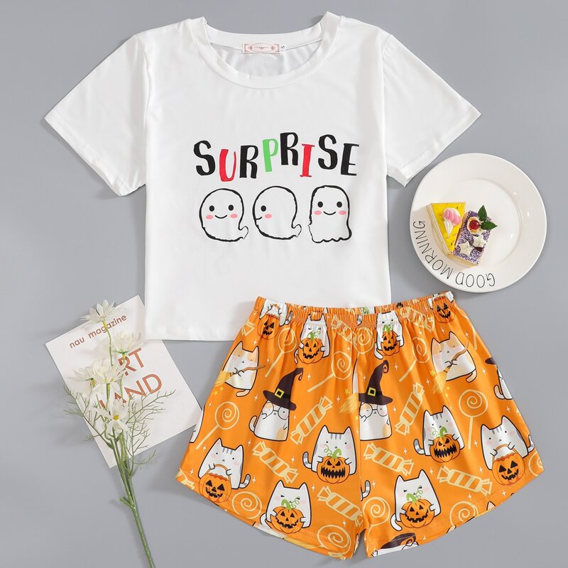 

Halloween & Letter Graphic PJ Set, Multicolor