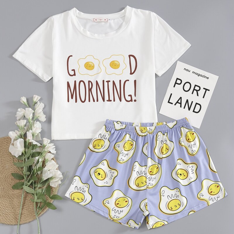 

Slogan & Cartoon Graphic PJ Set, Multicolor