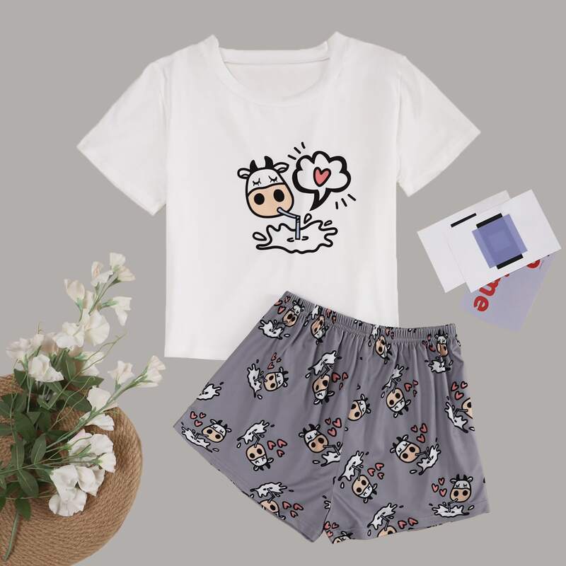 

Cartoon Cow Print Pajama Set, Multicolor