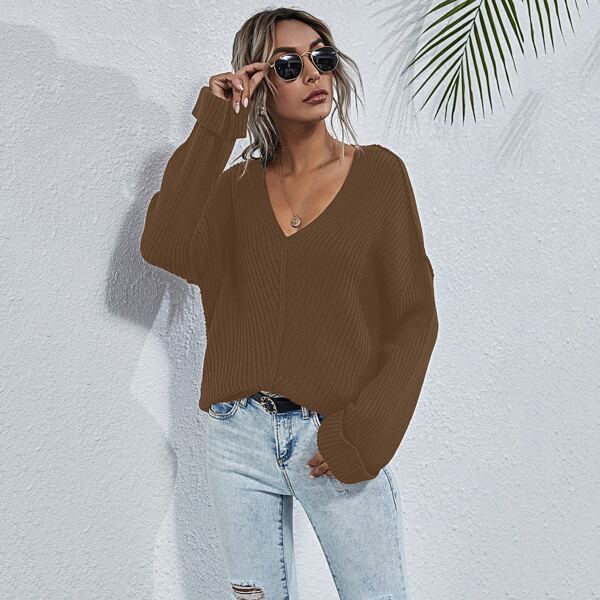 

Drop Shoulder High Low Sweater, Coffee brown