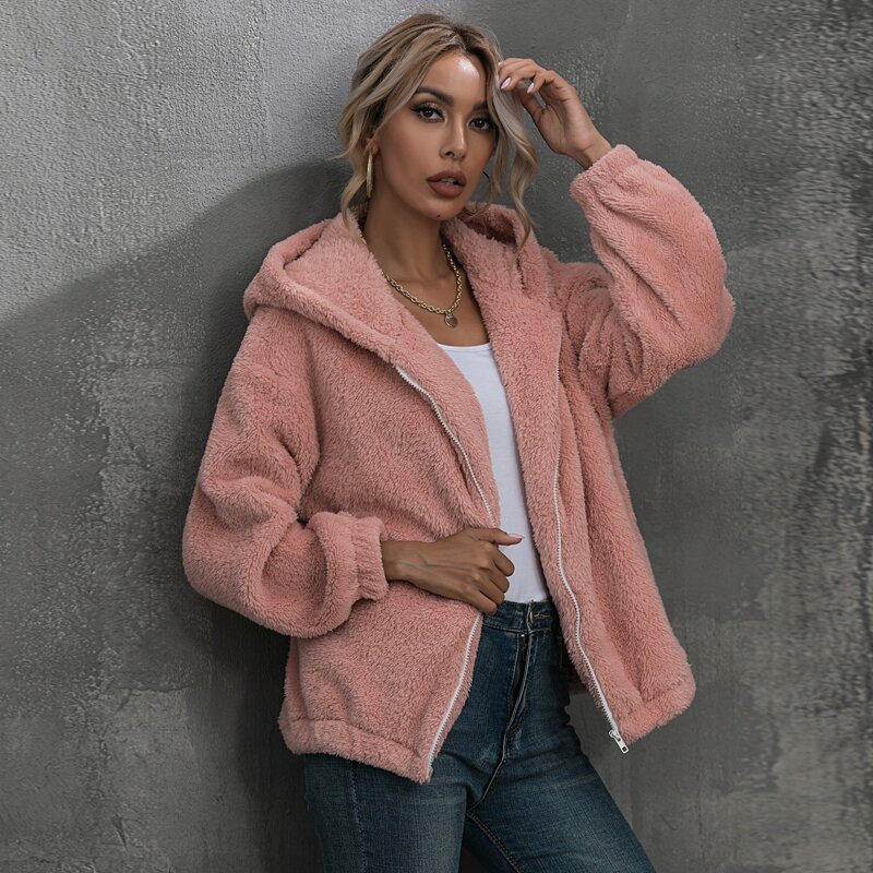 

Solid Zip Up Hooded Teddy Jacket, Coral pink