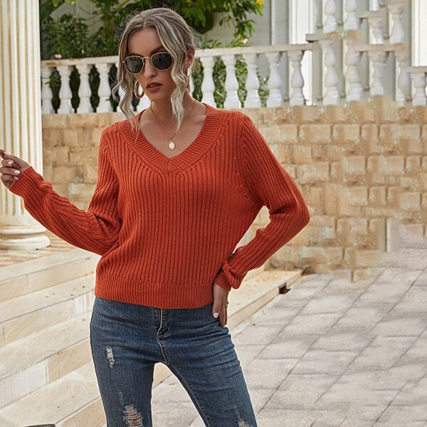 

Solid V Neck Ribbed Knit Sweater, Burnt orange