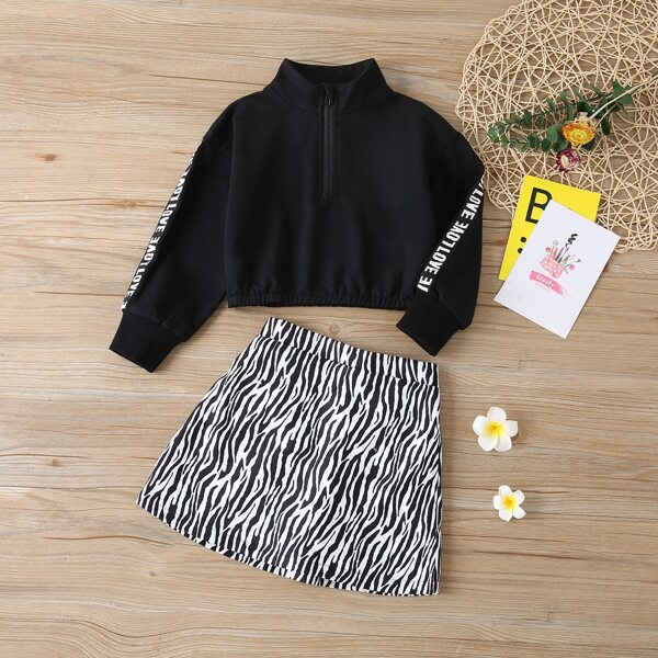 

Toddler Girls Letter Tape Half Zipper Sweatshirt & Zebra Striped Skirt, Black and white