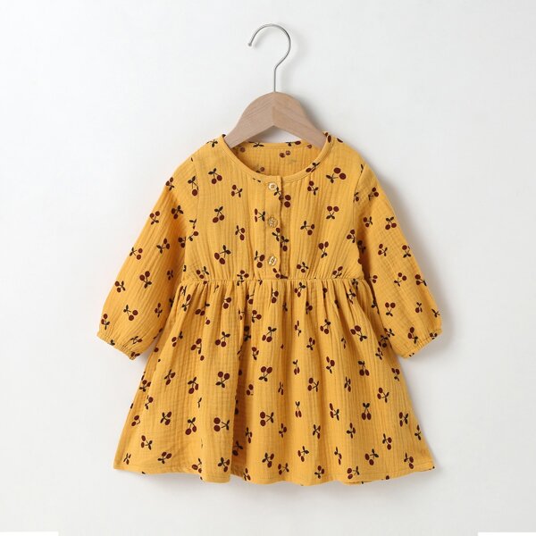 

Baby Girl Allover Cherry Print Half Button Smock Dress, Mustard yellow