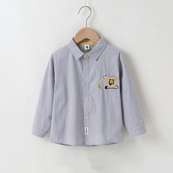 

Toddler Boys Cartoon Grab Patched Gingham Shirt, Light grey