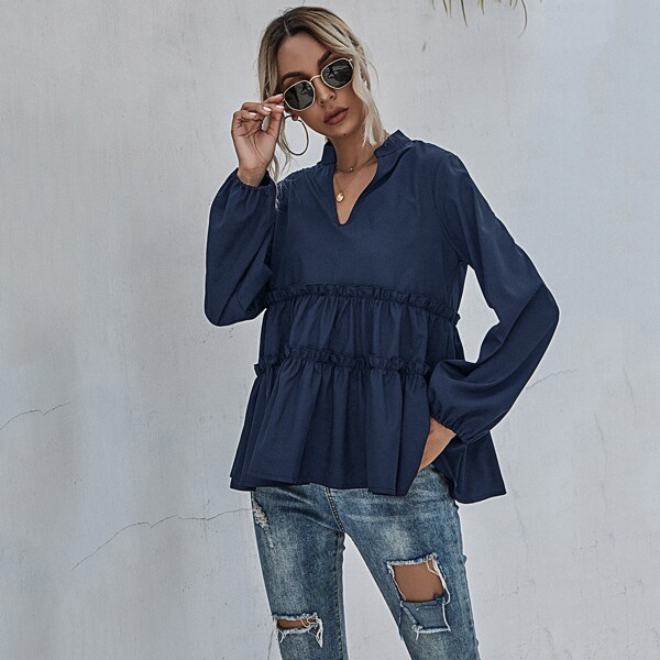

Notched Neck Frill Trim Peplum Blouse, Navy blue